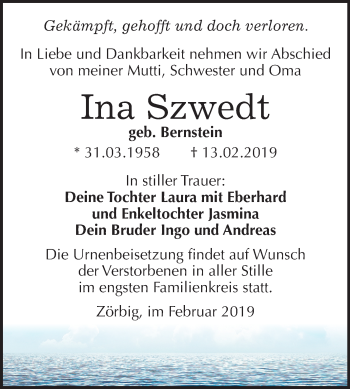 Traueranzeige von Ina Szwedt von Mitteldeutsche Zeitung Bitterfeld