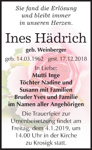 Traueranzeige von Ines Hädrich von Mitteldeutsche Zeitung Halle/Saalkreis