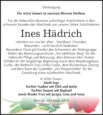 Traueranzeige von Ines Hädrich von Mitteldeutsche Zeitung Halle/Saalkreis