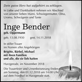 Traueranzeige von Inge Bender von Mitteldeutsche Zeitung Quedlinburg