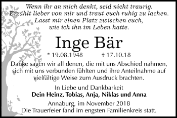 Traueranzeige von Inge Bär von Mitteldeutsche Zeitung Wittenberg
