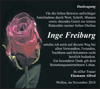 Traueranzeige von Inge Freiburg von WVG - Wochenspiegel Bitterfeld
