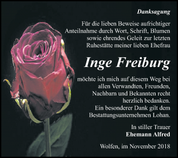 Traueranzeige von Inge Freiburg von Mitteldeutsche Zeitung Bitterfeld