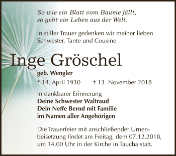 Traueranzeige von Inge Gröschel von WVG - Wochenspiegel NMB / WSF / ZTZ