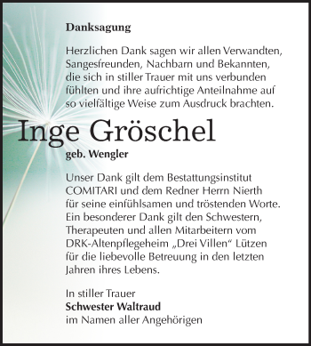 Traueranzeige von Inge Gröschel von Mitteldeutsche Zeitung Weißenfels
