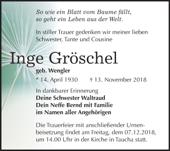 Traueranzeige von Inge Gröschel von Mitteldeutsche Zeitung Weißenfels