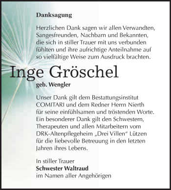 Traueranzeige von Inge Gröschel von WVG - Wochenspiegel NMB / WSF / ZTZ