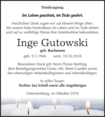 Traueranzeige von Inge Gutowski von Mitteldeutsche Zeitung Köthen