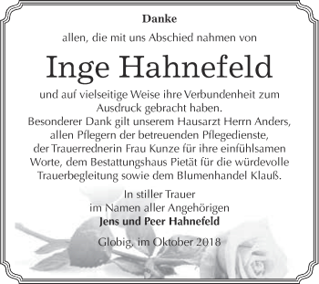 Traueranzeige von Inge Hahnefeld von Super Sonntag Wittenberg