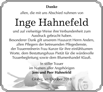 Traueranzeige von Inge Hahnefeld von Mitteldeutsche Zeitung Wittenberg