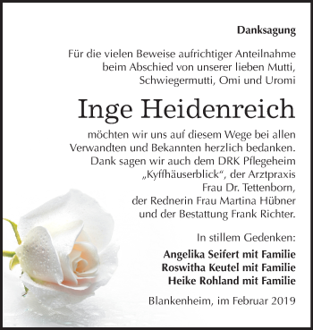 Traueranzeige von Inge Heidenreich von Mitteldeutsche Zeitung Sangerhausen