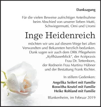 Traueranzeige von Inge Heidenreich von Super Sonntag SGH Mansf. Land