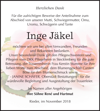 Traueranzeige von Inge Jäkel von Mitteldeutsche Zeitung Quedlinburg