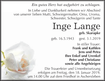 Traueranzeige von Inge Lange von Super Sonntag Aschersleben