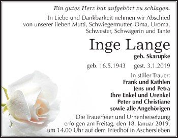 Traueranzeige von Inge Lange von Mitteldeutsche Zeitung Aschersleben