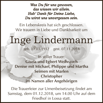 Traueranzeige von Inge Lindermann von WVG - Wochenspiegel NMB / WSF / ZTZ