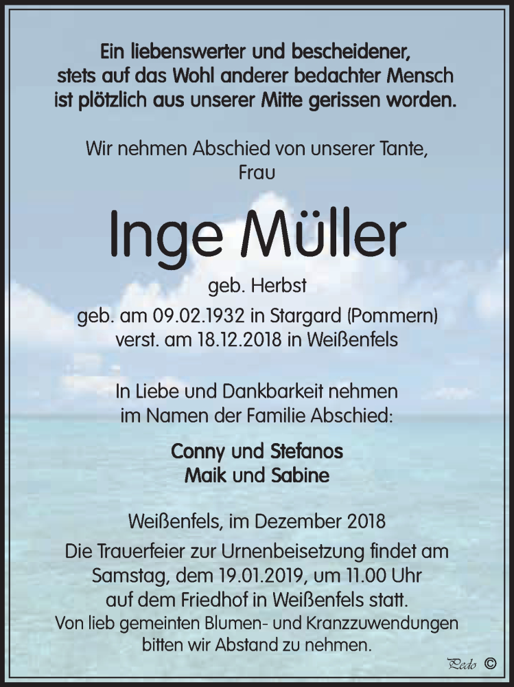  Traueranzeige für Inge Müller vom 24.12.2018 aus WVG - Wochenspiegel NMB / WSF / ZTZ