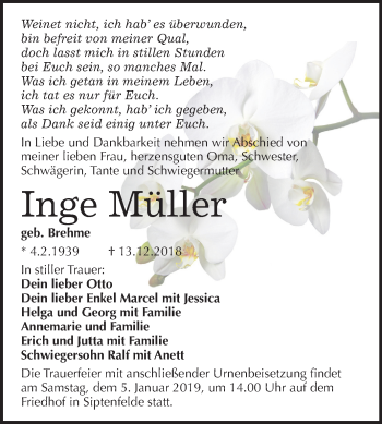 Traueranzeige von Inge Müller von Mitteldeutsche Zeitung Quedlinburg
