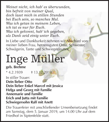 Traueranzeige von Inge Müller von WVG - Wochenspiegel Quedlinburg