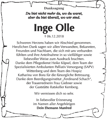 Traueranzeige von Inge Olle von WVG - Wochenspiegel Wittenberg