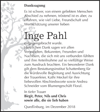 Traueranzeige von Inge Pahl von Super Sonntag Quedlinburg