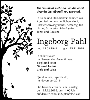 Traueranzeige von Inge Pahl von Mitteldeutsche Zeitung Quedlinburg