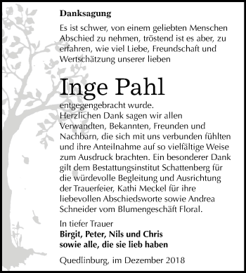 Traueranzeige von Inge Pahl von Mitteldeutsche Zeitung Quedlinburg