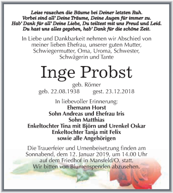 Traueranzeige von Inge Probst von Super Sonntag SGH Mansf. Land