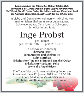 Traueranzeige von Inge Probst von Mitteldeutsche Zeitung Mansfelder Land