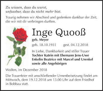 Traueranzeige von Inge Quooß von WVG - Wochenspiegel Bitterfeld
