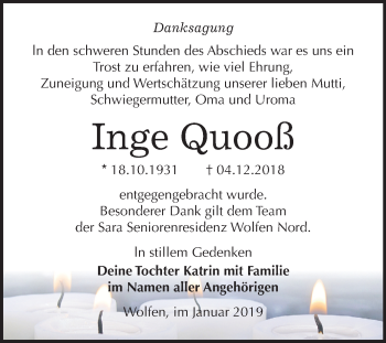 Traueranzeige von Inge Quooß von Mitteldeutsche Zeitung Bitterfeld
