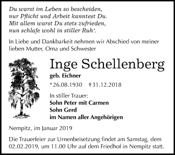 Traueranzeige von Inge Schellenberg von Mitteldeutsche Zeitung Merseburg/Querfurt