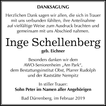 Traueranzeige von Inge Schellenberg von WVG - Wochenspiegel Merseburg