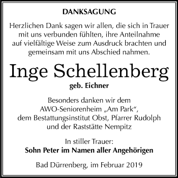 Traueranzeige von Inge Schellenberg von Mitteldeutsche Zeitung