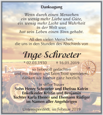 Traueranzeige von Inge Schroeter von Mitteldeutsche Zeitung Merseburg/Querfurt