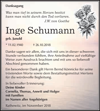 Traueranzeige von Inge Schumann von WVG - Wochenspiegel NMB / WSF / ZTZ