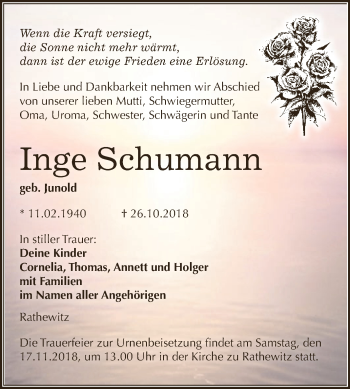 Traueranzeige von Inge Schumann von WVG - Wochenspiegel NMB / WSF / ZTZ
