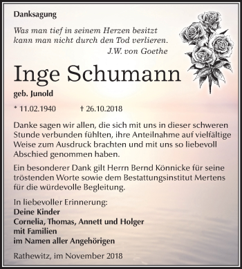 Traueranzeige von Inge Schumann von Mitteldeutsche Zeitung Naumburg/Nebra