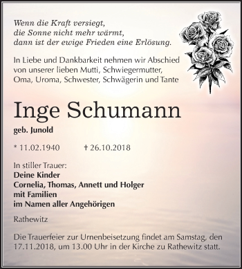 Traueranzeige von Inge Schumann von Mitteldeutsche Zeitung Naumburg/Nebra