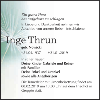 Traueranzeige von Inge Thrun von WVG - Wochenspiegel Bitterfeld