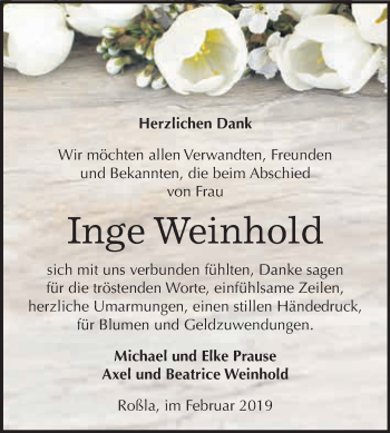 Traueranzeige von Inge Weinhold von Super Sonntag SGH Mansf. Land