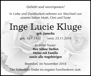 Traueranzeige von Inge Lucie Kluge von Mitteldeutsche Zeitung Aschersleben