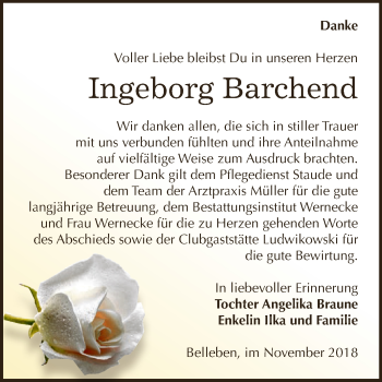 Traueranzeige von Ingeborg Barchend von Super Sonntag Bernburg