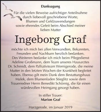 Traueranzeige von Ingeborg Graf von Mitteldeutsche Zeitung