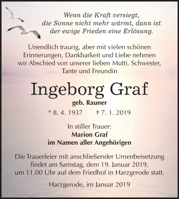 Traueranzeige von Ingeborg Graf von Mitteldeutsche Zeitung Quedlinburg