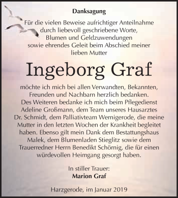Traueranzeige von Ingeborg Graf von WVG - Wochenspiegel Quedlinburg