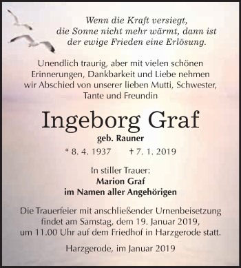 Traueranzeige von Ingeborg Graf von WVG - Wochenspiegel Quedlinburg