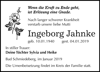 Traueranzeige von Ingeborg Jahnke von Mitteldeutsche Zeitung Wittenberg
