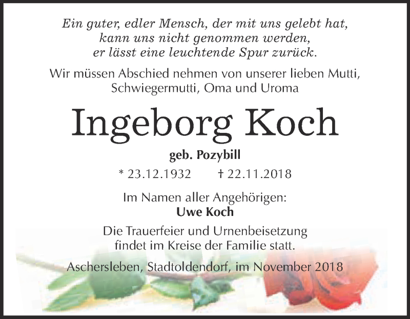  Traueranzeige für Ingeborg Koch vom 08.12.2018 aus Super Sonntag Aschersleben