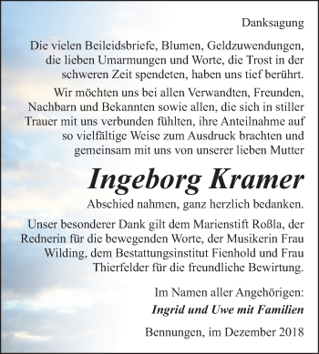 Traueranzeige von Ingeborg Kramer von Mitteldeutsche Zeitung Sangerhausen